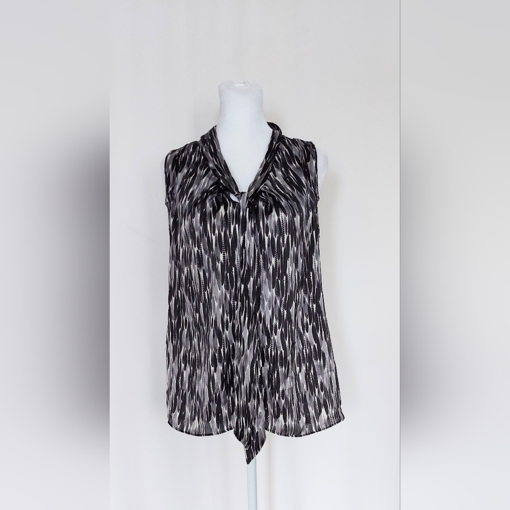 Serenade Sleeveless Tie Collar Blouse Top Black White Size 8